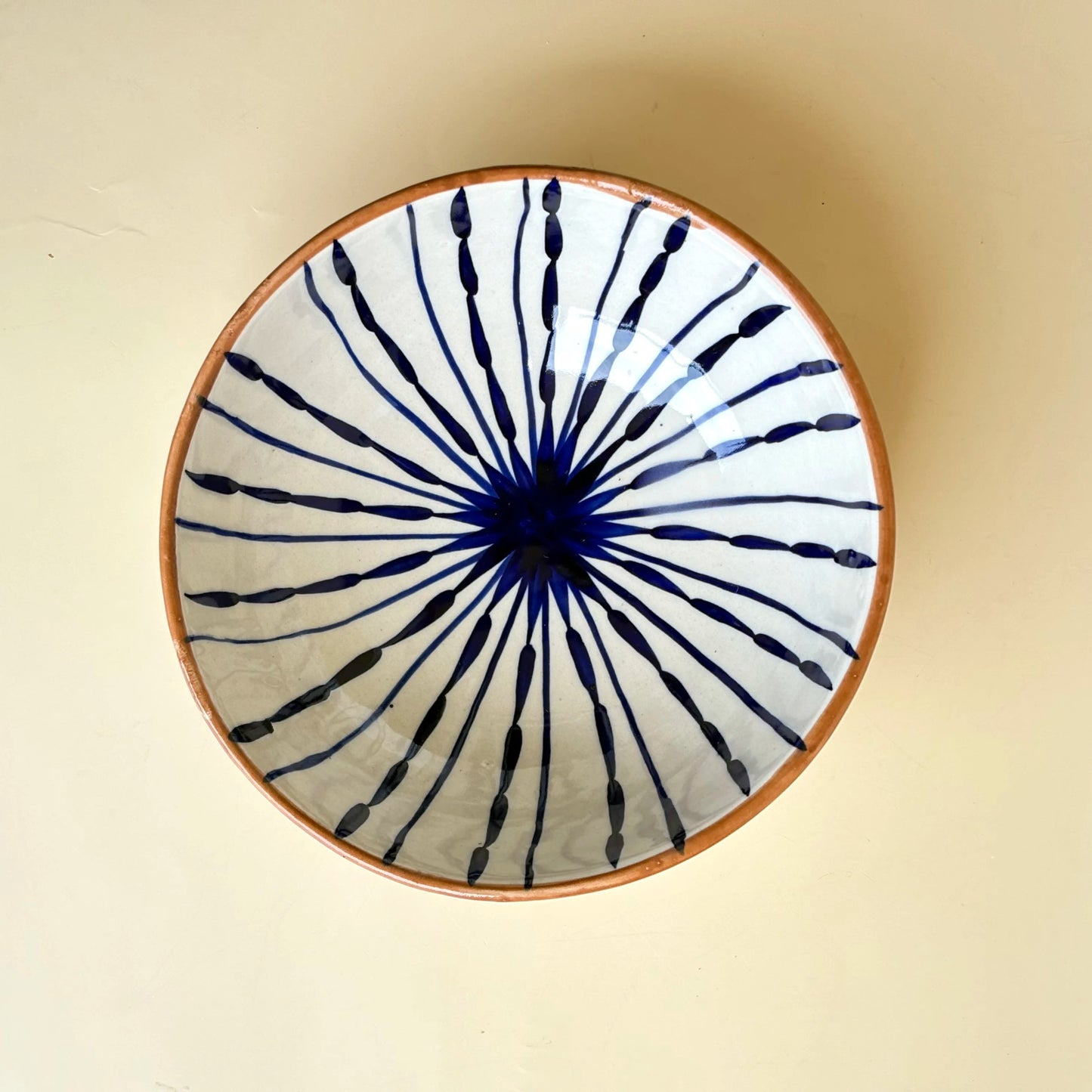 Decorative plate with blue and white pattern on a beige background