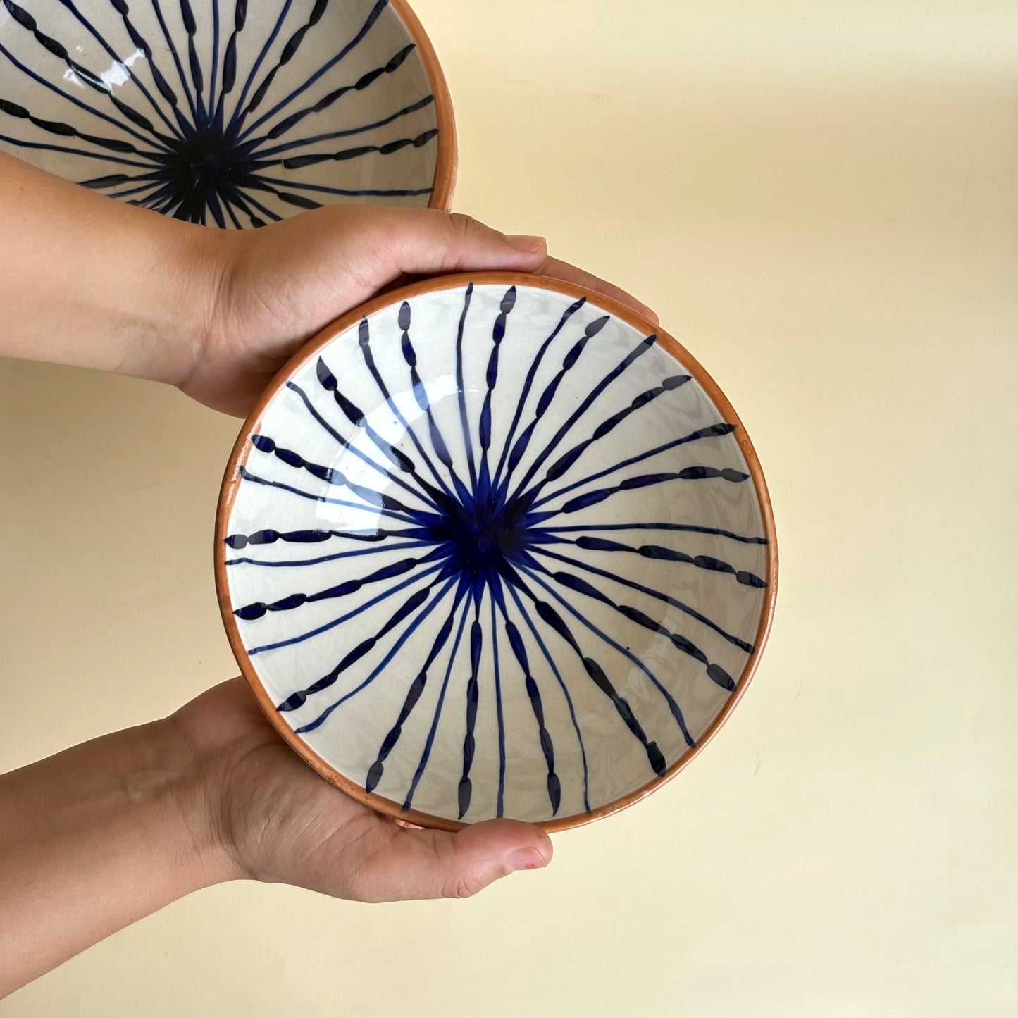 Ceramic plates with blue and black abstract patterns held by a person against a beige background