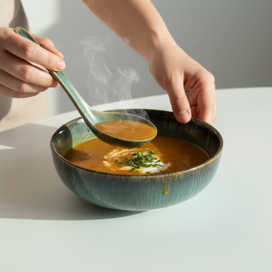 Person holding a spoon over a bowl of soup on a white table