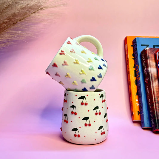 Cherry & Multi-Color Heart Ceramic Mug – Set of 2
