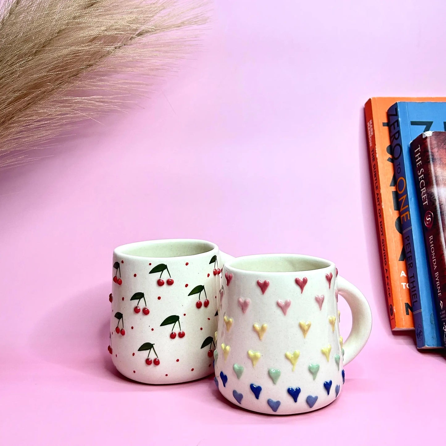 Cherry & Multi-Color Heart Ceramic Mug – Set of 2