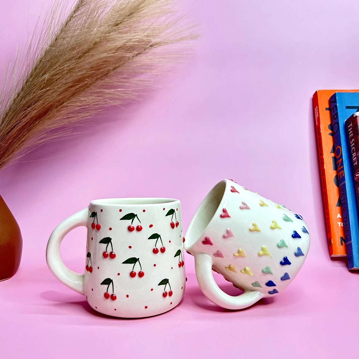 Cherry & Multi-Color Heart Ceramic Mug – Set of 2