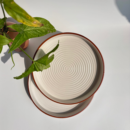 Two ceramic plates with a textured surface on a light gray background
