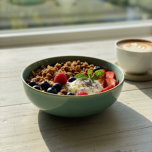 Bowl of cereal with fruit and yogurt on a wooden table, next to a cup of coffee.