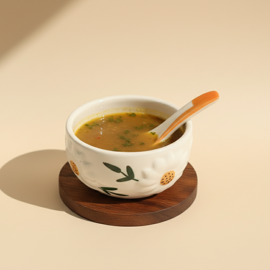 White bowl of soup with a spoon on a wooden coaster against a beige background