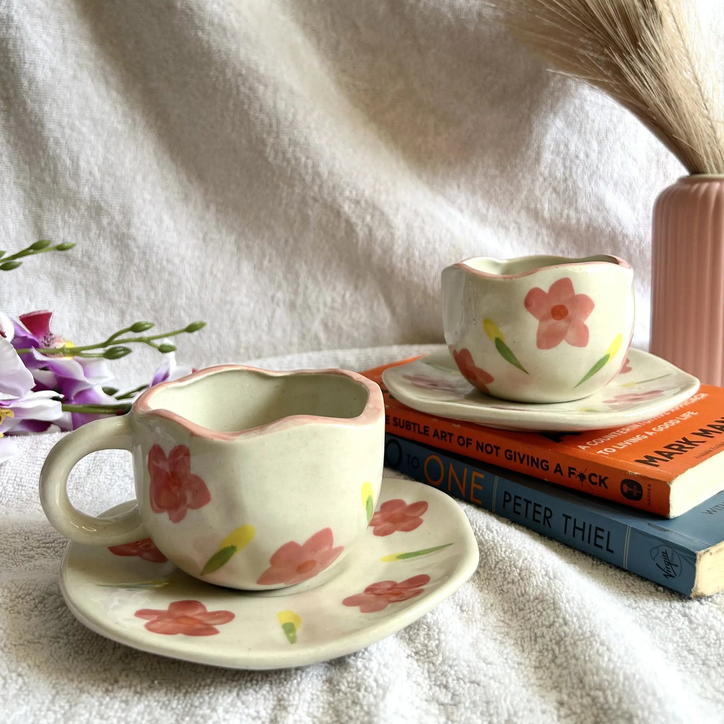 White Pink Blossom Cup and Saucer Set