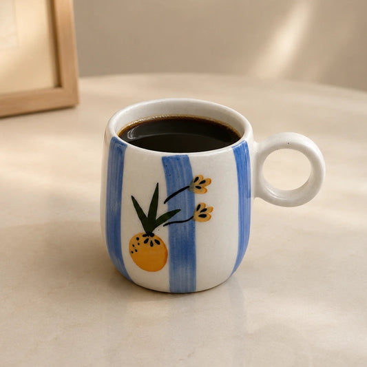A white ceramic coffee mug with blue vertical stripes and a yellow-orange citrus fruit illustration, filled with black coffee and set on a light beige tabletop.