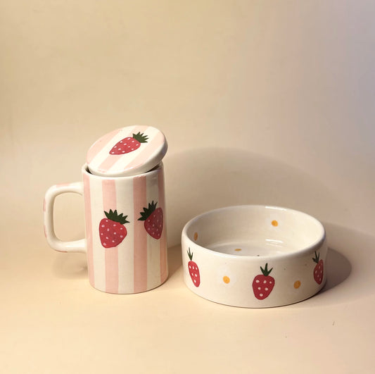 Ceramic mug and bowl set with strawberry design