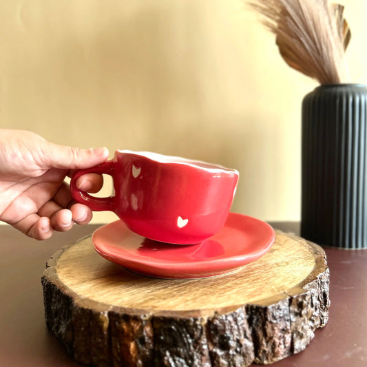 Red Heart Cappuccino Cup and Saucer