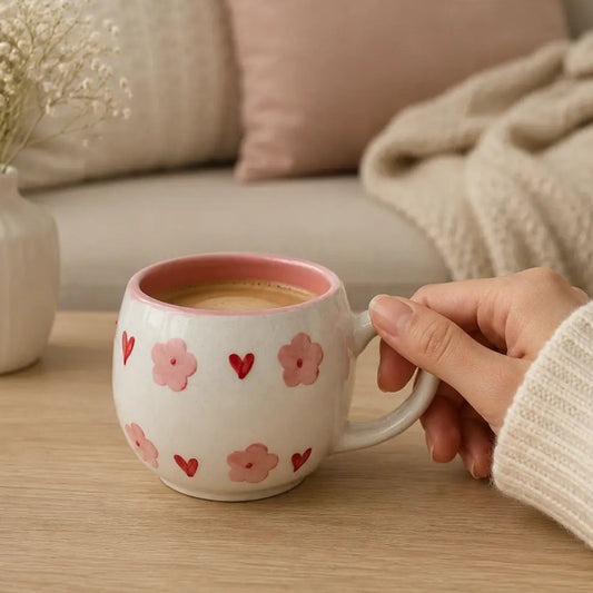 A hand in a cream knit sweater holds a white ceramic mug decorated with pink cherry blossoms and red hearts, filled with a hot beverage, set on a wooden table in a cozy living room with a sofa and pillows in the background.