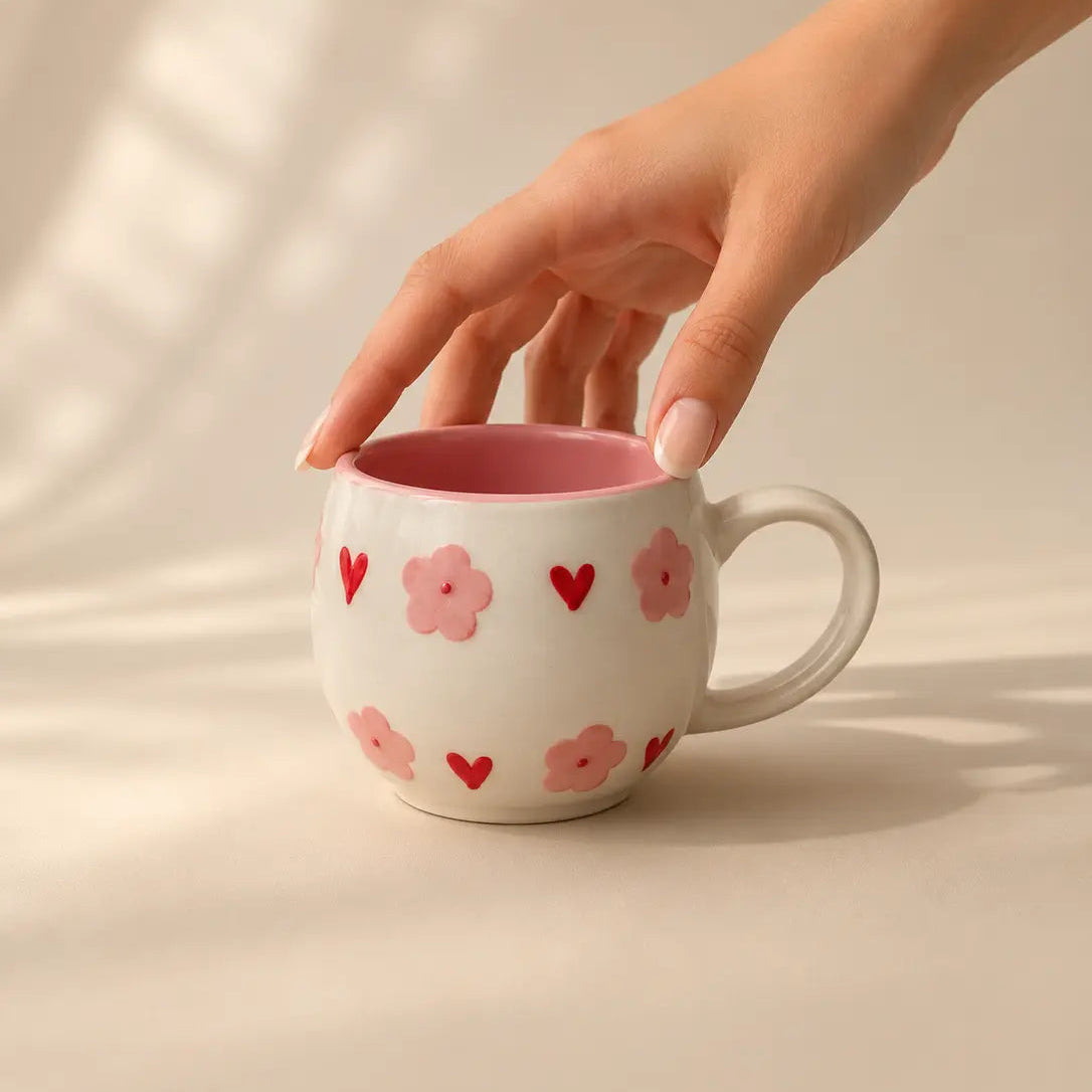A hand with manicured nails holds a white ceramic mug with a pink interior and pink floral/heart patterns, set against a warm beige background with soft leaf shadows.