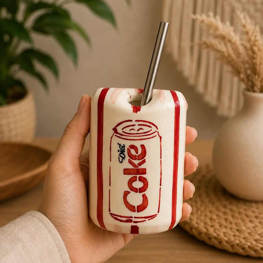 A hand holding a ceramic mug designed to look like a vintage soda can, featuring the text 'Diet - Coke' in red on an off-white background with red stripes. A stainless steel straw is inserted into the top.