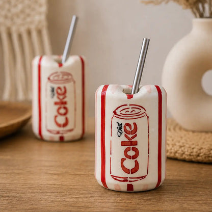 Two ceramic drink holders shaped like vintage Diet Coke cans with red stripes and a metal straw, displayed on a wooden table with a neutral background.