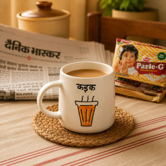 A white ceramic mug with Hindi text and a coffee cup graphic sits on a woven coaster on a table. A newspaper is in the foreground, and a Parle-G packet is visible in the background.