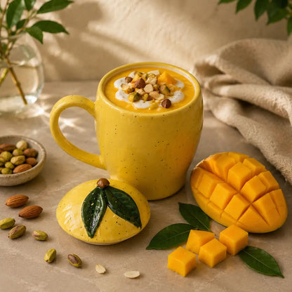 Yellow mango shaped mug with a dessert, surrounded by mango pieces and nuts.