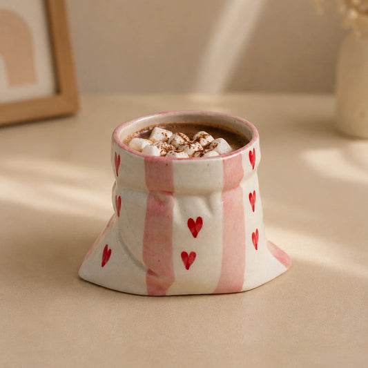 A small ceramic mug shaped like a fabric pouch, decorated with pink vertical stripes and red hearts, filled with a hot beverage topped with marshmallows, set on a beige surface with soft background shadows.