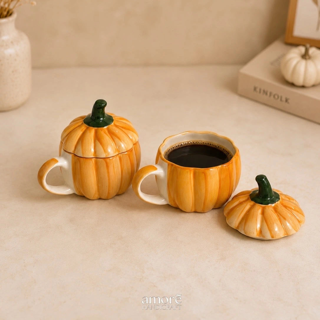 Ceramic pumpkin-shaped mug with black coffee