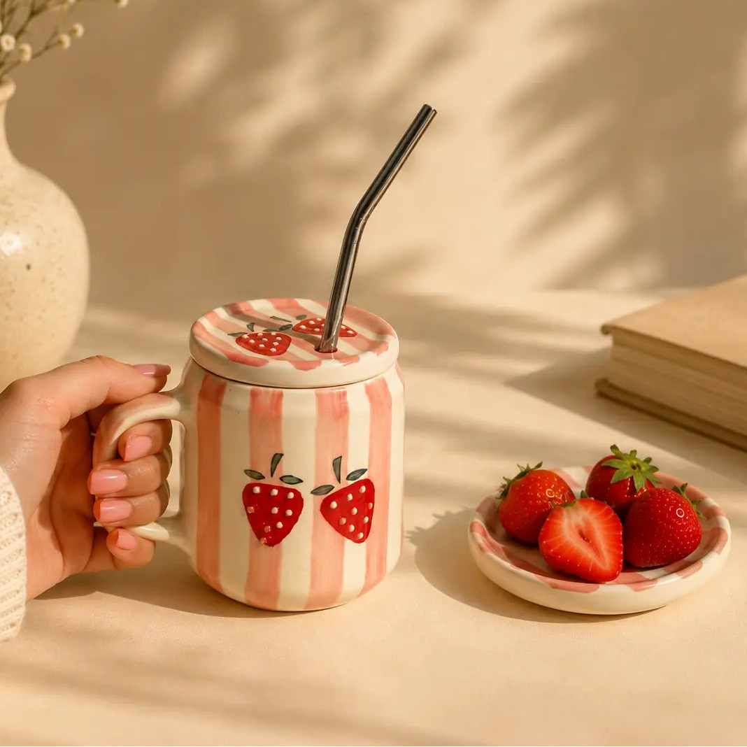 A hand holds a pink and white striped ceramic mug with a lid, black metal straw, and strawberry illustrations. The mug sits on a beige table next to a small dish of fresh strawberries, with a vase of dried flowers and a book in the background under warm, sunlit shadows.