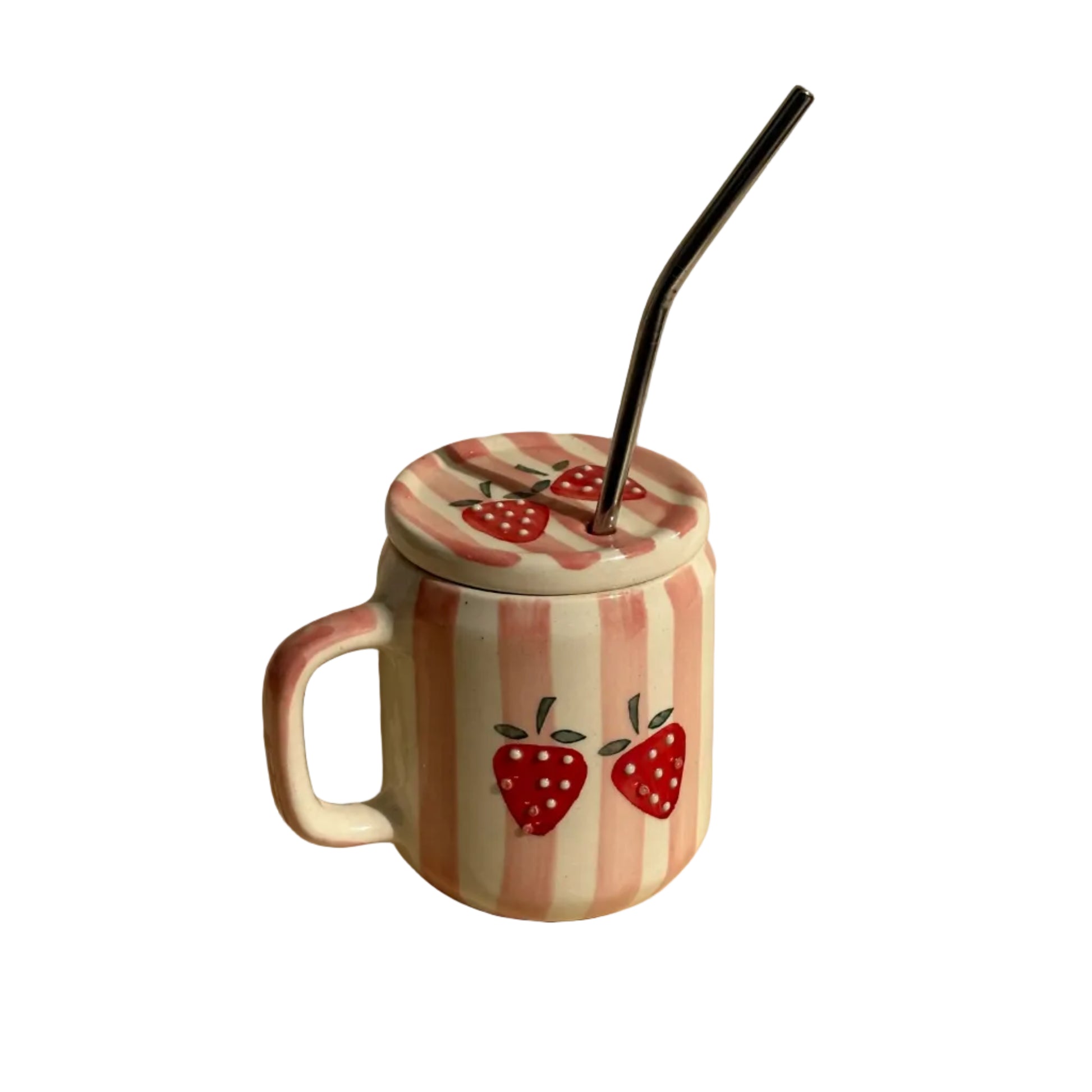 A ceramic mug with a lid, decorated with pink and white vertical stripes and red strawberry motifs, featuring a black metal straw, set against a warm beige background with a soft shadow.